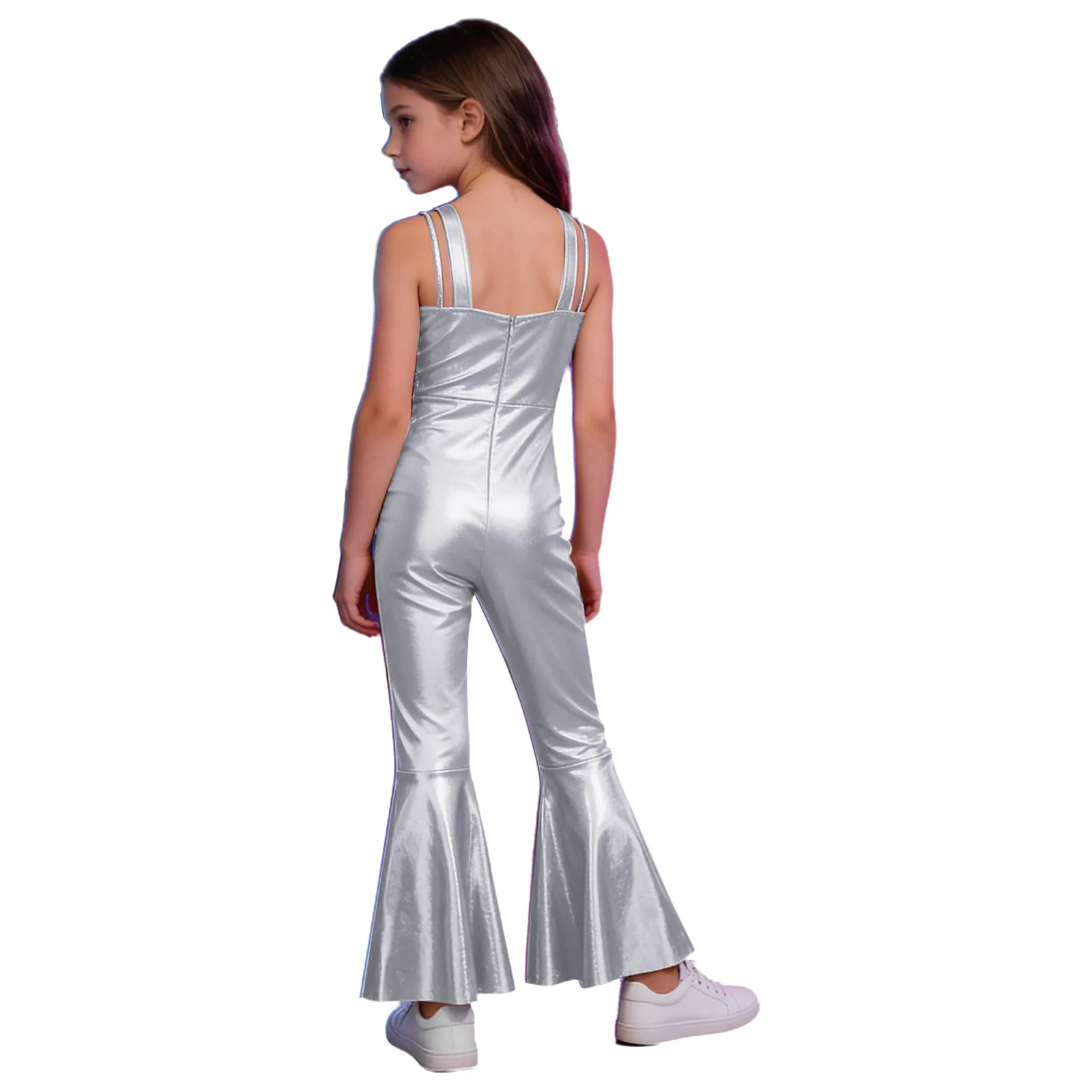 Kids Girls Metallic Shiny Sequins Tassels Bell-bottom Jumpsuit Disco Jazz Dance Bodysuit for Halloween Theme Party Carnival