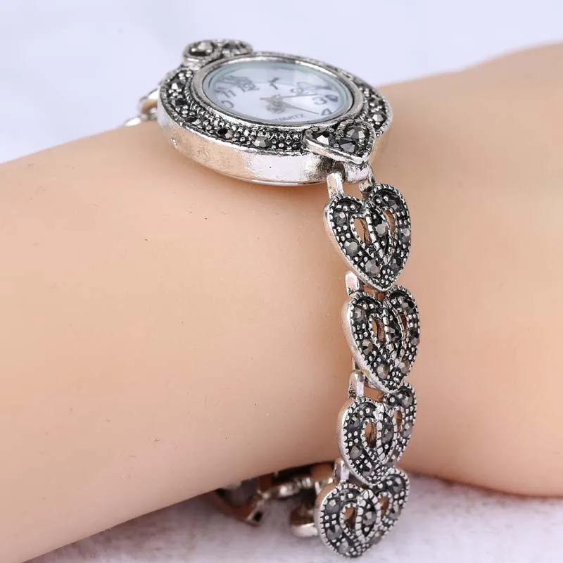 Mode-trend Böhmischen uhr frauen nachahmung Tibetischen silber vintage strass 26% kristall Armband liebe armband quarzuhr