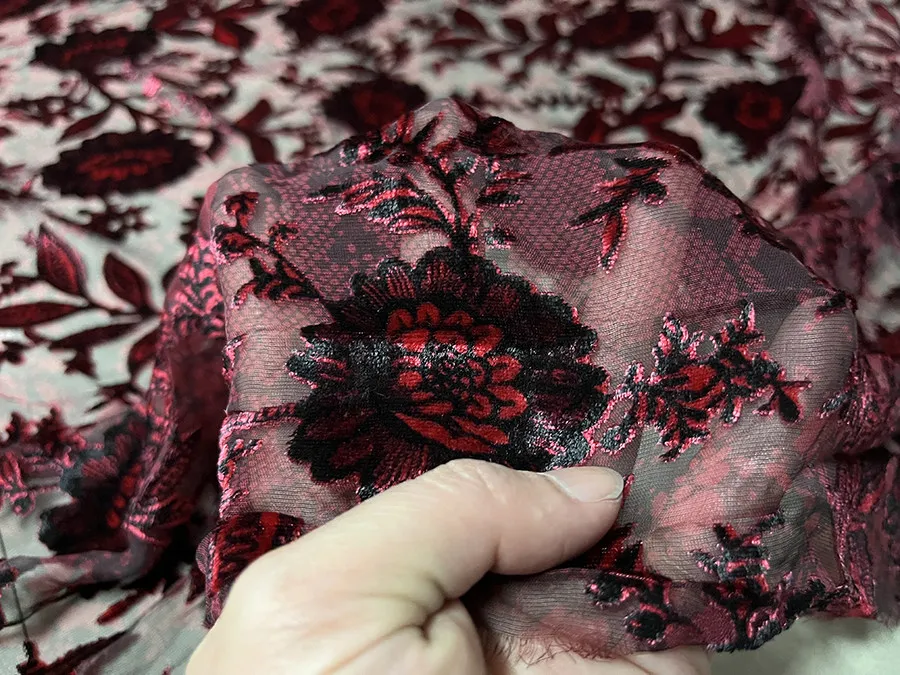 Designer Cloth Silk Velvet Clothing Fabric Dark Flower Ground Yarn Red Black Yellow Black Etched-out Velvet Silk Fabric Dress