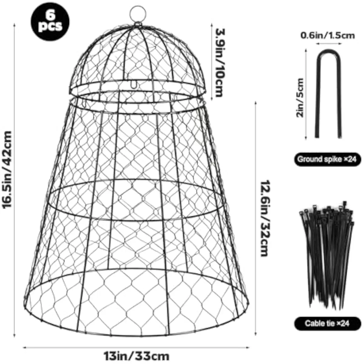 6 Pack Tall Black Wire Plant Cloches 17 Inch Height x 13 Inch Diameter with Fixing Pins and Zip Ties for Secure Outdoor Crop Pro