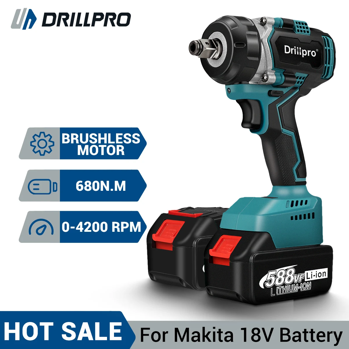 Drillpro 680N.m Brushless Cordless Electric Impact Wrench X 2pcs Li-ion Battery 1/2