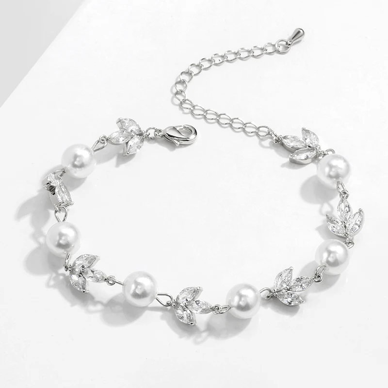 ZAKOL Fashion Round Pearls Bracelets For Women Elegant Leaf Sparking Zircon Chain Bracelet Wedding Engagement Party Jewelry