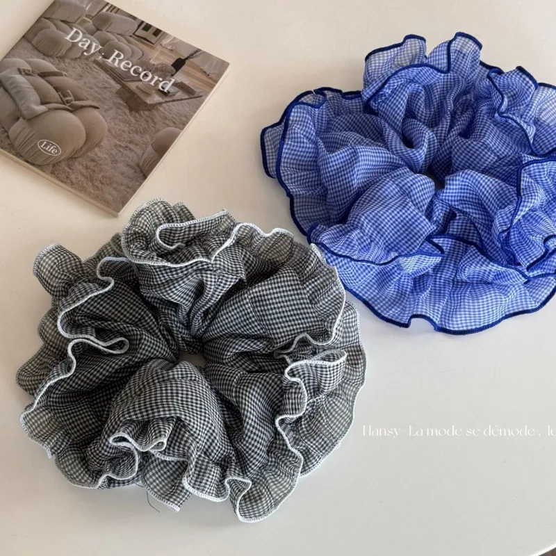 

Корейские шифоновые клетчатые эластичные ленты для волос, женские элитные головные уборы с цветочным шариком, веревка для волос, элегантная веревка на голову