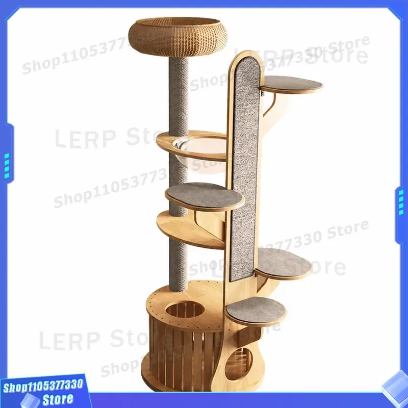 190cm Solid Wood Cat Tree Modern Luxury Multi Layer Nest Bed Jumping Platform Wear Resistant Climbing Frame Scratching Board