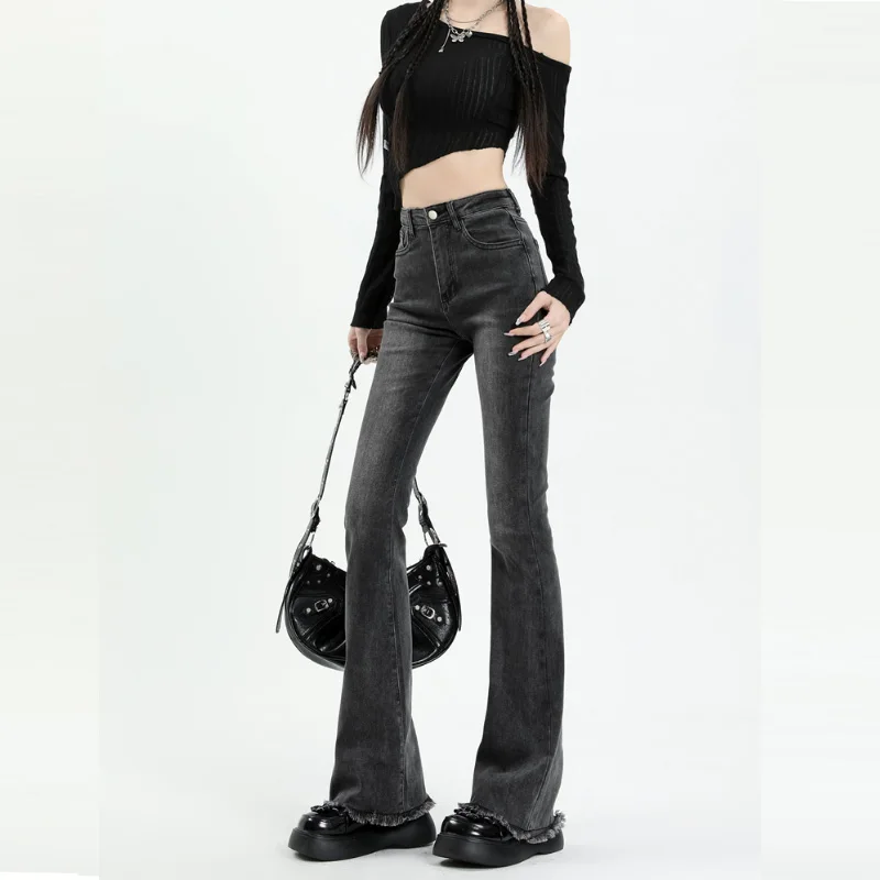 Y2k Gray Skinny Flared Jeans for Women Spring Autumn New High Waist Slim Pants Retro Street Style Denim Trousers Female Clothes