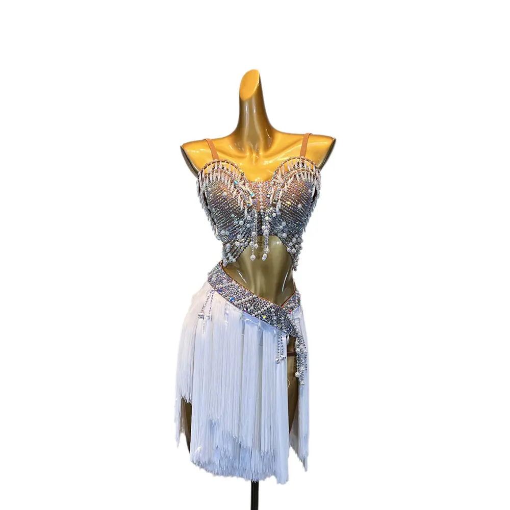 فستان الرقص اللاتيني للأطفال البالغين حجر الراين الراقية مخصص لؤلؤة شرابة الحمالة التانغو الملابس النسائية