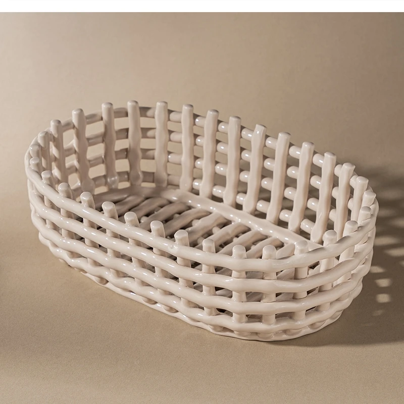 Pure handmade ceramic woven storage basket Nordic style kitchen chopsticks spoon drain rack Household snacks fruit