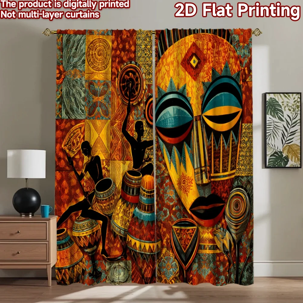 2D-Flachdruck, 2 Stück Vorhänge, Vorhang mit afrikanischem Tribal-Motiv, digital bedruckte Polyester-Vorhänge, Partydekoration für das Wohnzimmer