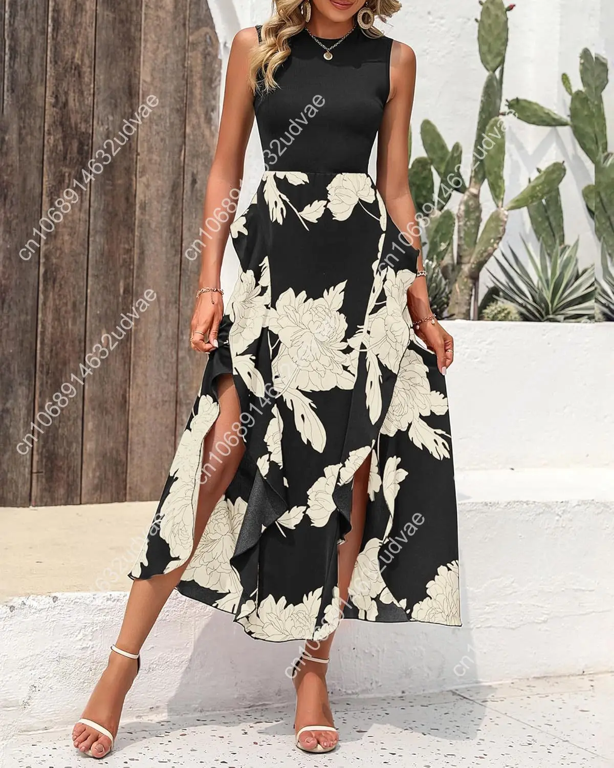 BTFBM Women Casual Sleeveless Summer Dresses 2025 Spring Crewneck Patchwork Boho Floral Ruffle Cocktail Party Midi Dress