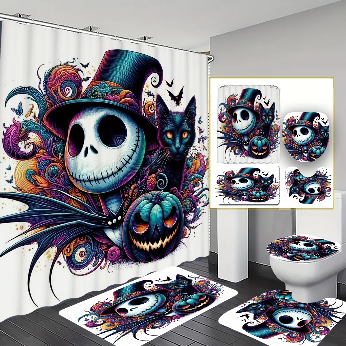 

Halloween Skull Bathroom 4-Piece Set: Shower Curtain, Bath Mat, Toilet Cover, Tank Cover – Spooky and Colorful Decor