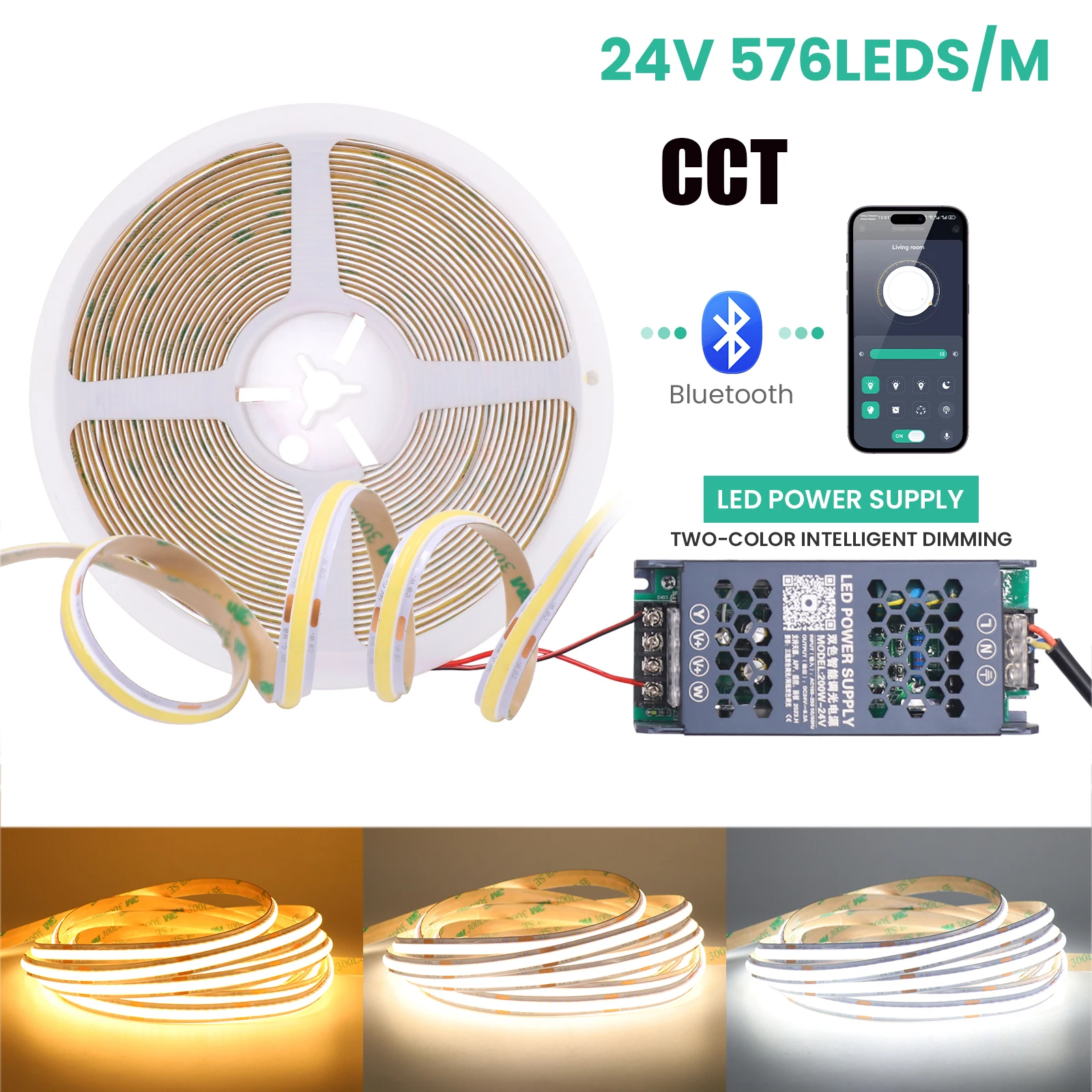 

Bluetooth Dimmerable DC 24V CCT COB LED Strip Kit 576LEDs/M IP20 High Density Warm White + Cold White Flexible Ribbon Tape Light