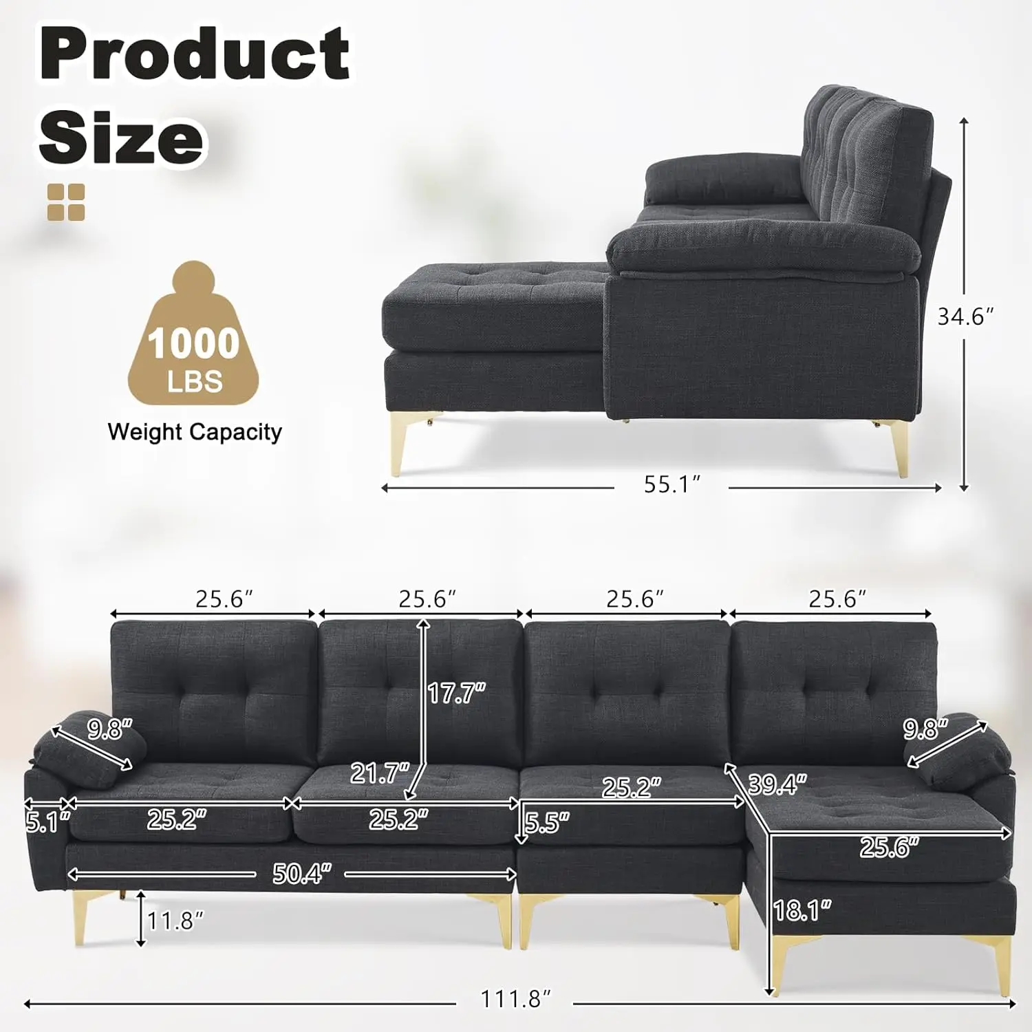 Vingli 120” Wide Black Convertible L-Shaped Sectional Sofa, 4-Seat Linen Reversible Sectional Couch, Comfy Couch With Chaise