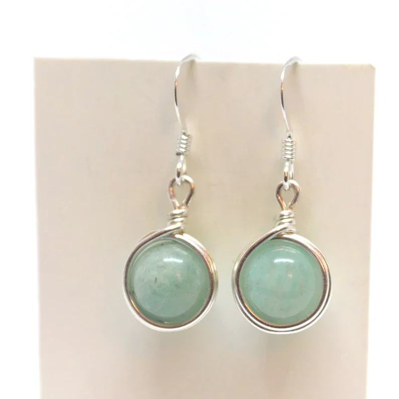 Dainty Amazonite Dangle Earrings, Wire Wrapped Natural Gemstone Earrings, Womens Gemstone Jewellery, Simple Minimalist Style