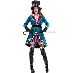 Women Cosplay Costume Mad Hatter Adult Fancy Dress Magic Show Tuxedo Halloween Party Carnival Witch Outfit
