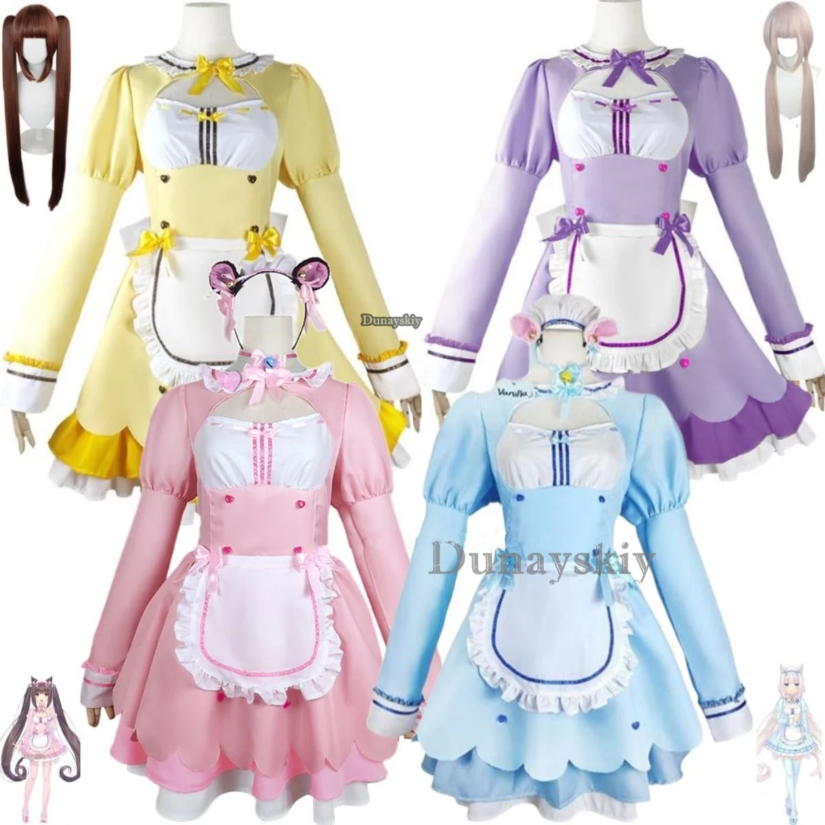 Anime jogo nekopara chocolate baunilha cosplay traje peruca vestido de empregada lolita servo saia mulher sexy kawaii festa de aniversário terno