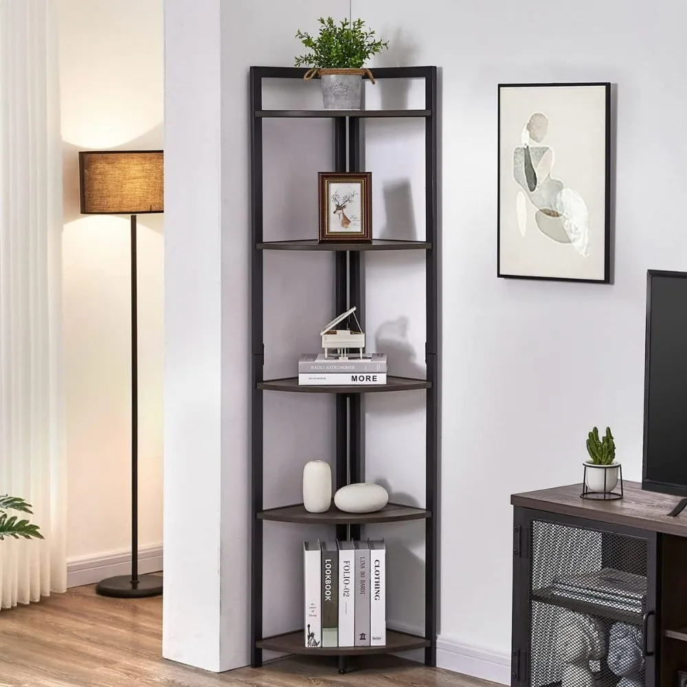 

Tall Corner Shelf,5 Tier Industrial Corner Bookshelf for Living Room,Dark Wood and Metal Corner Plant Stand book shelf