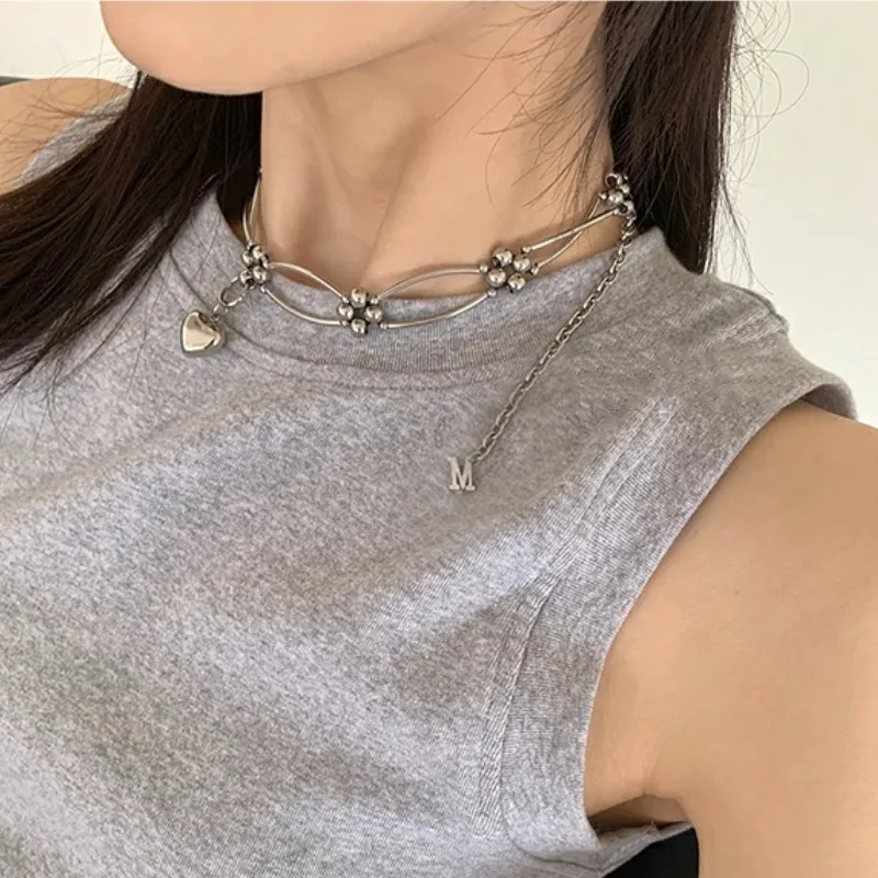 Love Heart Pendant Beads Flower Necklace for Women Korean Fashion Unusual Aesthetic Vintage Stainless Steel Chain Trendy Jewelry