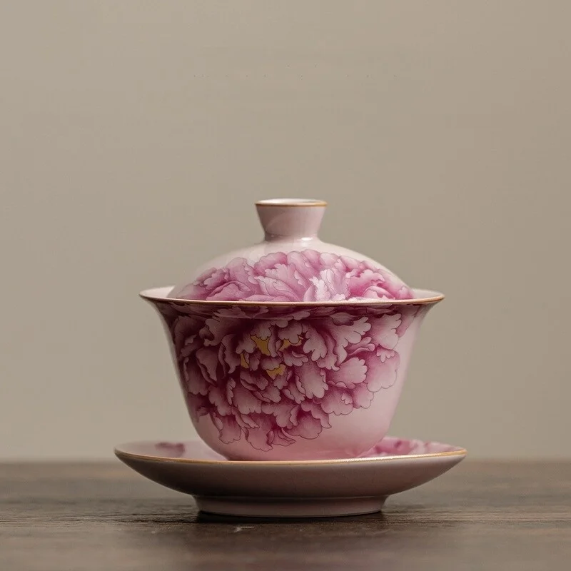 

Peony Ru Yao Porcelain Gaiwan Set Tea Tureen Teaware Cup Chinese Pink Ceramic