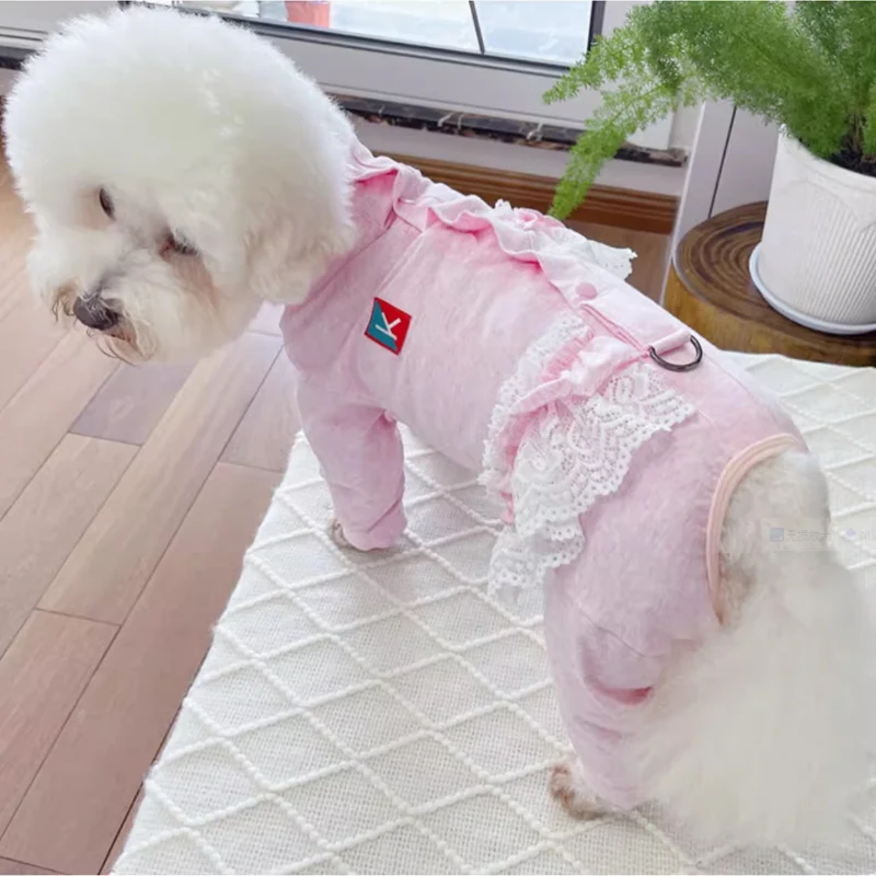 2024 Autumn Cotton Pet Dog Clothes Fashion Pink Yellow Wrap Belly Jumpsuits Hoodies For Small Medium Dog Poodle Puppy Outfits