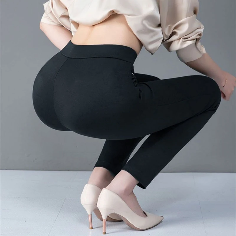 2024 Autumn Winter Casual Elegant Office Slimming Solid Color Fleecing Thick Thin Women\'s Pants Elastic Waist Tight Pencil Pants