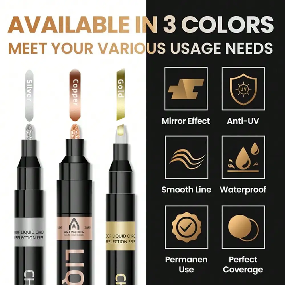 

1Pcs Chrome Mirror Marker Pen 3 Colors 0.7mm 1mm 2mm DIY Reflective Paint Pen Permanent Gold Silver Copper Marker Model Painting