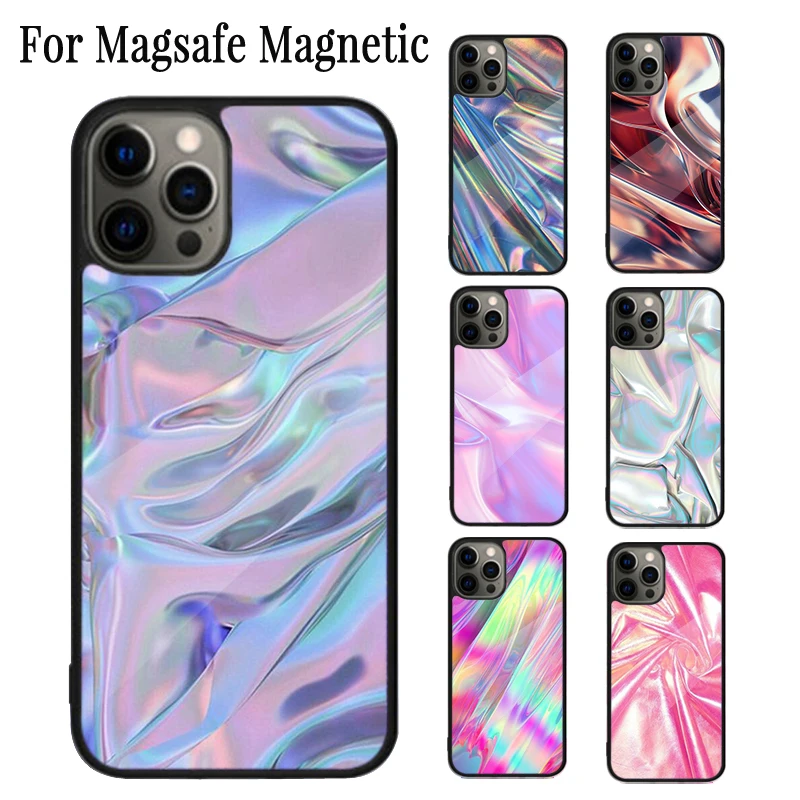 Iridescent Holographic Art Magnetic Phone Case Coque For iPhone 16 15 14 Plus 13 12 Mini 11 Pro Max Magsafe Wireless Cover