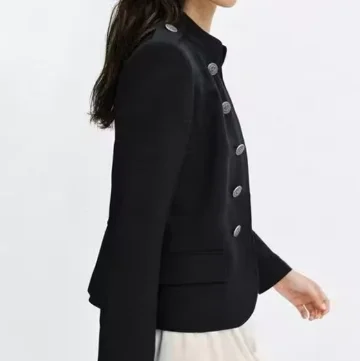 

Black Slim Fit Jacket Stand Collar Double-Breasted Buttons With Shoulder Pads Vintage Elegant Fashion Women Outerwear
