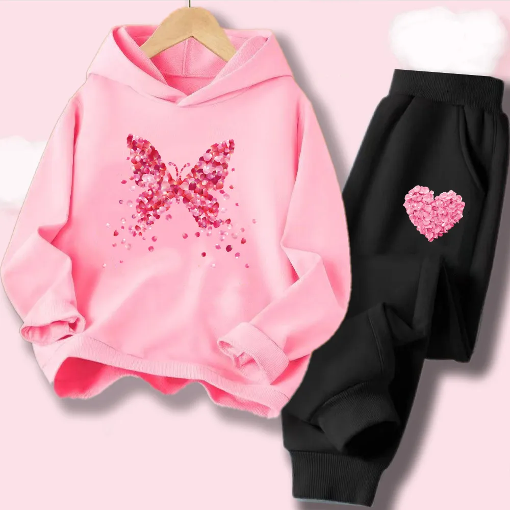 2-teiliges Set mit Kapuzenpullover und Hose für Mädchen, süßes modisches Outfit für Kinder, trendiger Trainingsanzug für Mädchen, Herbstkleidung für Kinder HDHB1