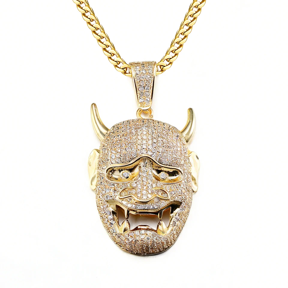 VANAXIN Iced Out Mask Shape Pendant Necklace Jewelry for Men Women Hip Hop Chain 14k Gold Plated Exaggerated Creati