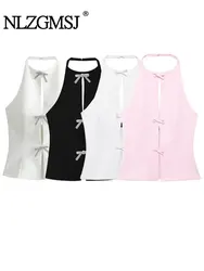 Nlzgmsj 2024 Summer Top Female Jewelry Bow Decoration Hanging Neck Collar Sleeveless Top Women's Sexy Sling Top