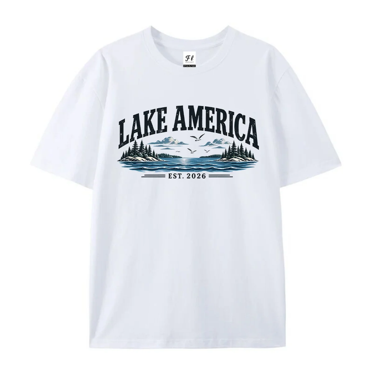 Lake America Graphic T-Shirt Retro Lake Landscape Print Tee Mountain Pine Tree Shirt Vintage Outdoor Nature Top Casual Unisex