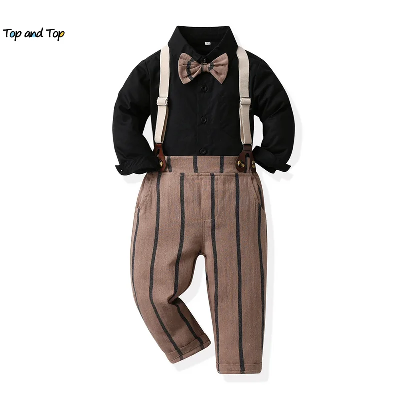 top and top Children Kids Boys Gentleman Clothing Set Toddler Boy Long Sleeve Bowtie Shirts Tops+Suspenders Pants Outfits Suits