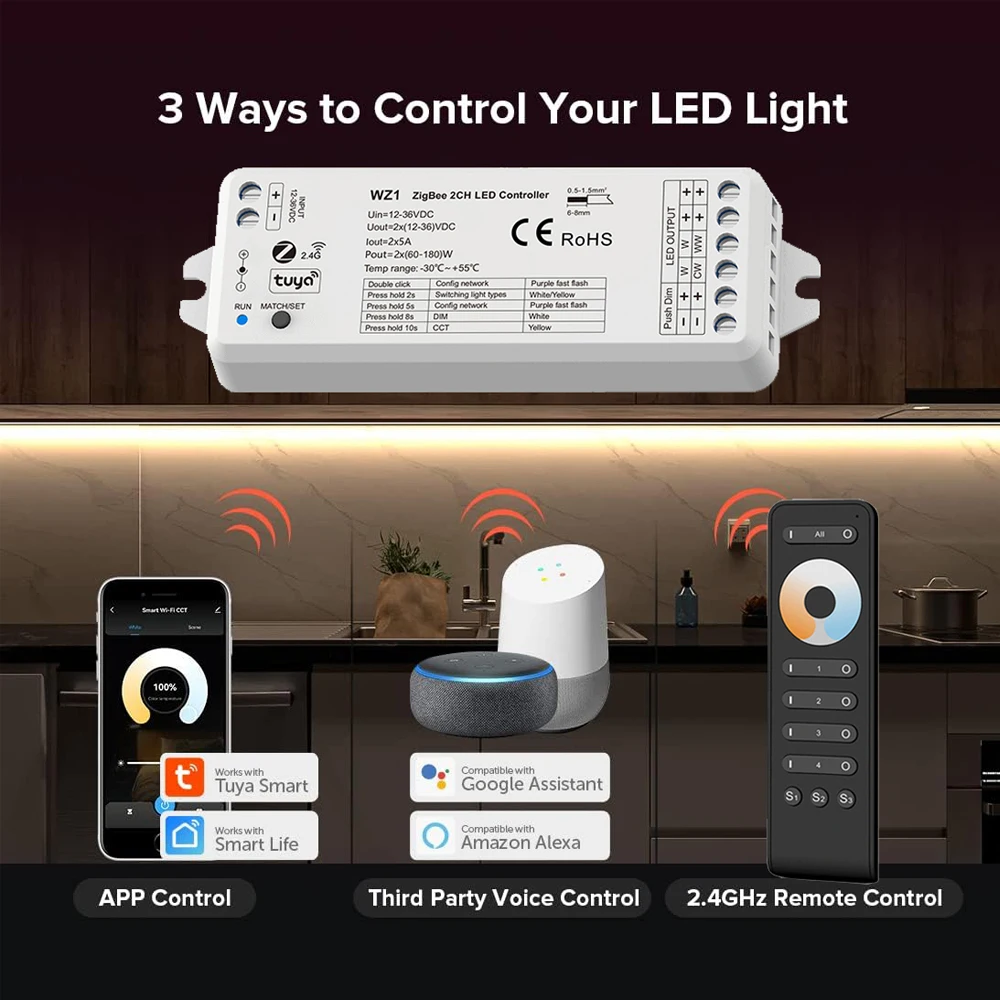 Tuya Zigbee 2CH Smart Led Dimmer Controller DC12V 24V CCT Single Color Strip TUYA APP Google assistant Echo Plus Voice Control