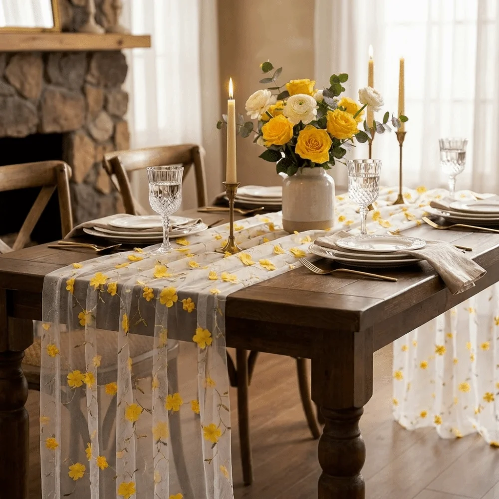 Elegant Romantic Tulle Table Runner 3D Embroidery Semi-Transparent Gauze Table Flag Vintage Wedding Desktop Decoration Wedding