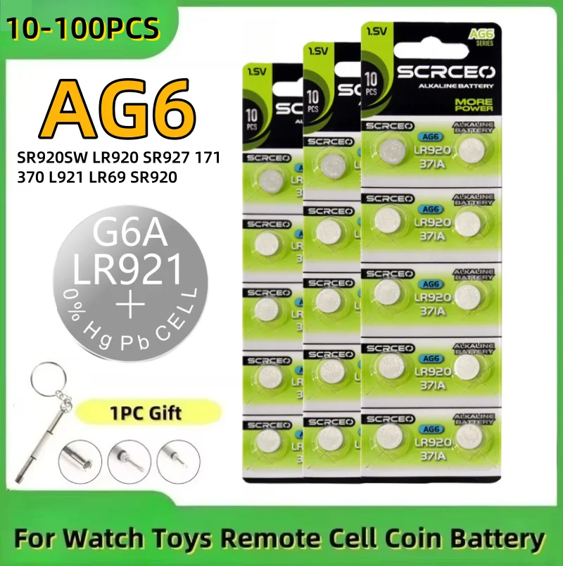 

10-100pcs AG6 Alkaline Battery 1.55V Button Coin Cell 371 SR920SW LR920 SR927 171 370 L921 LR69 SR920 Watch Battery