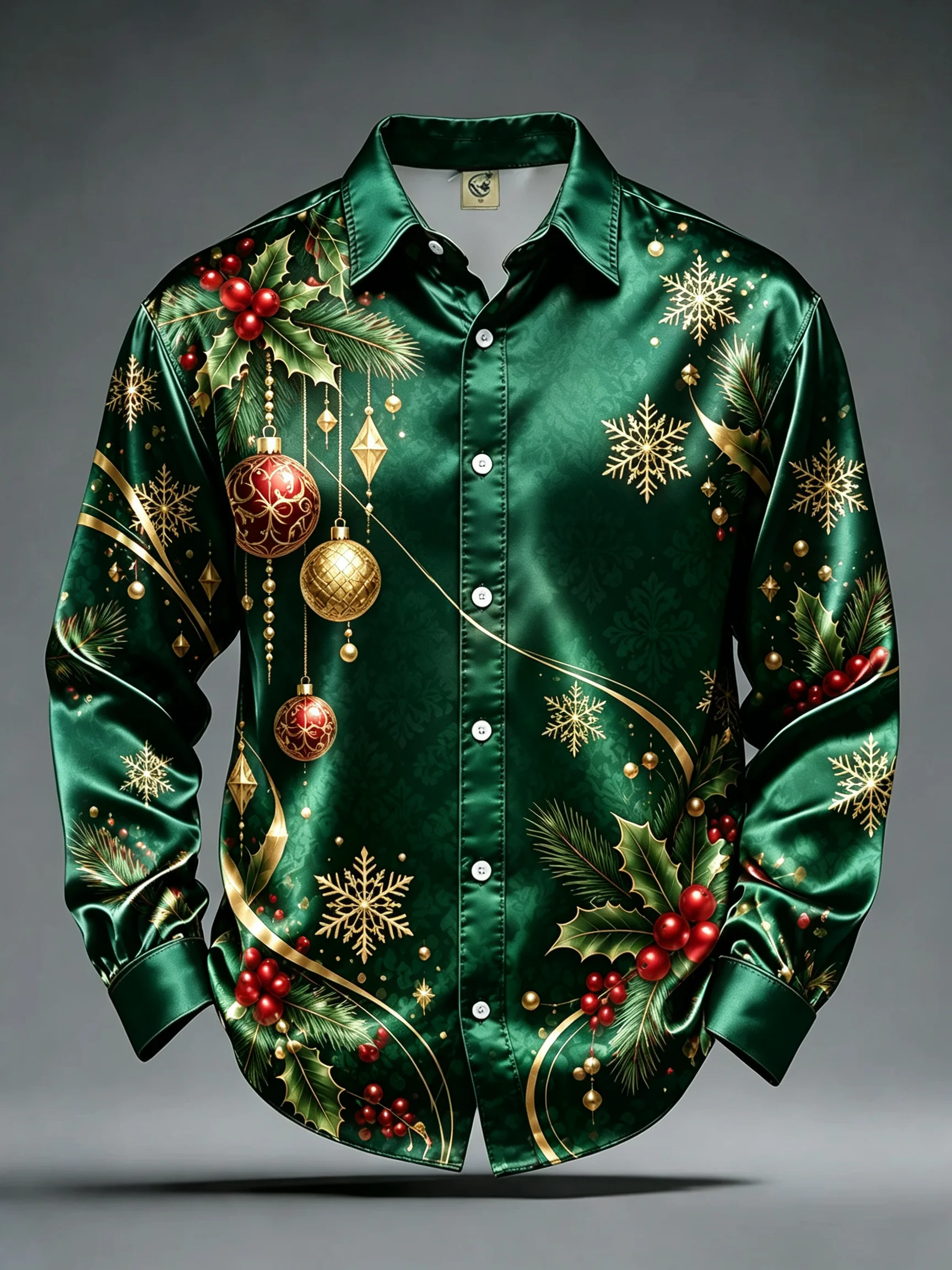 Men's Satin Long Sleeve Shirt Christmas Holly Snowflake Print Holiday Button Up Shirt