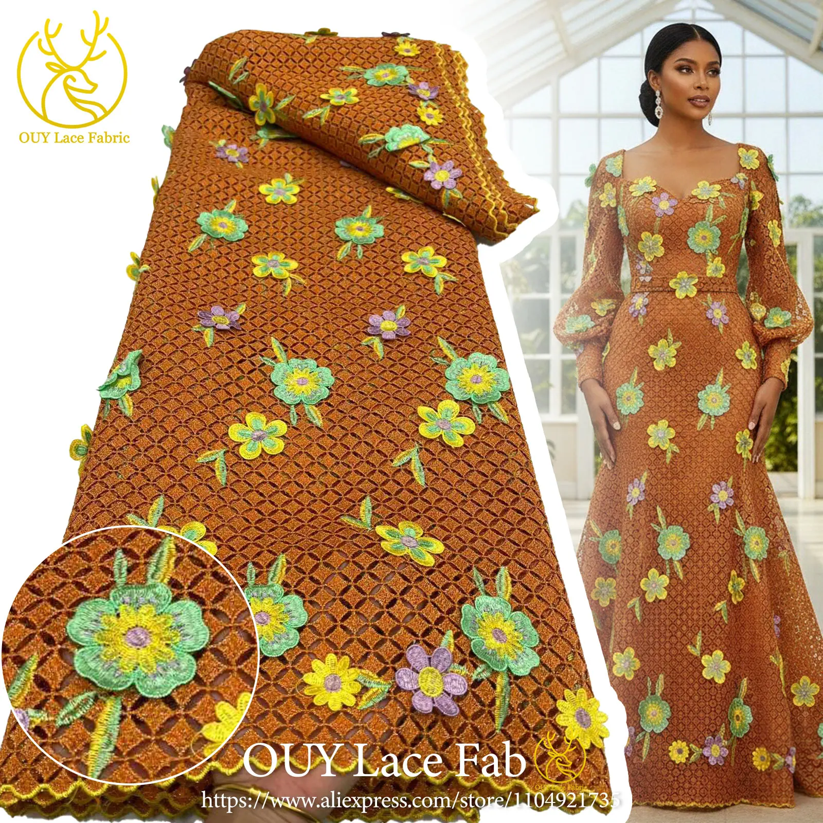 

3D Embroidered African Kente Lace Fabric 2026 High-Quality Nigerian Water-Soluble Lace Fabric Ideal for Party Gown Sewing