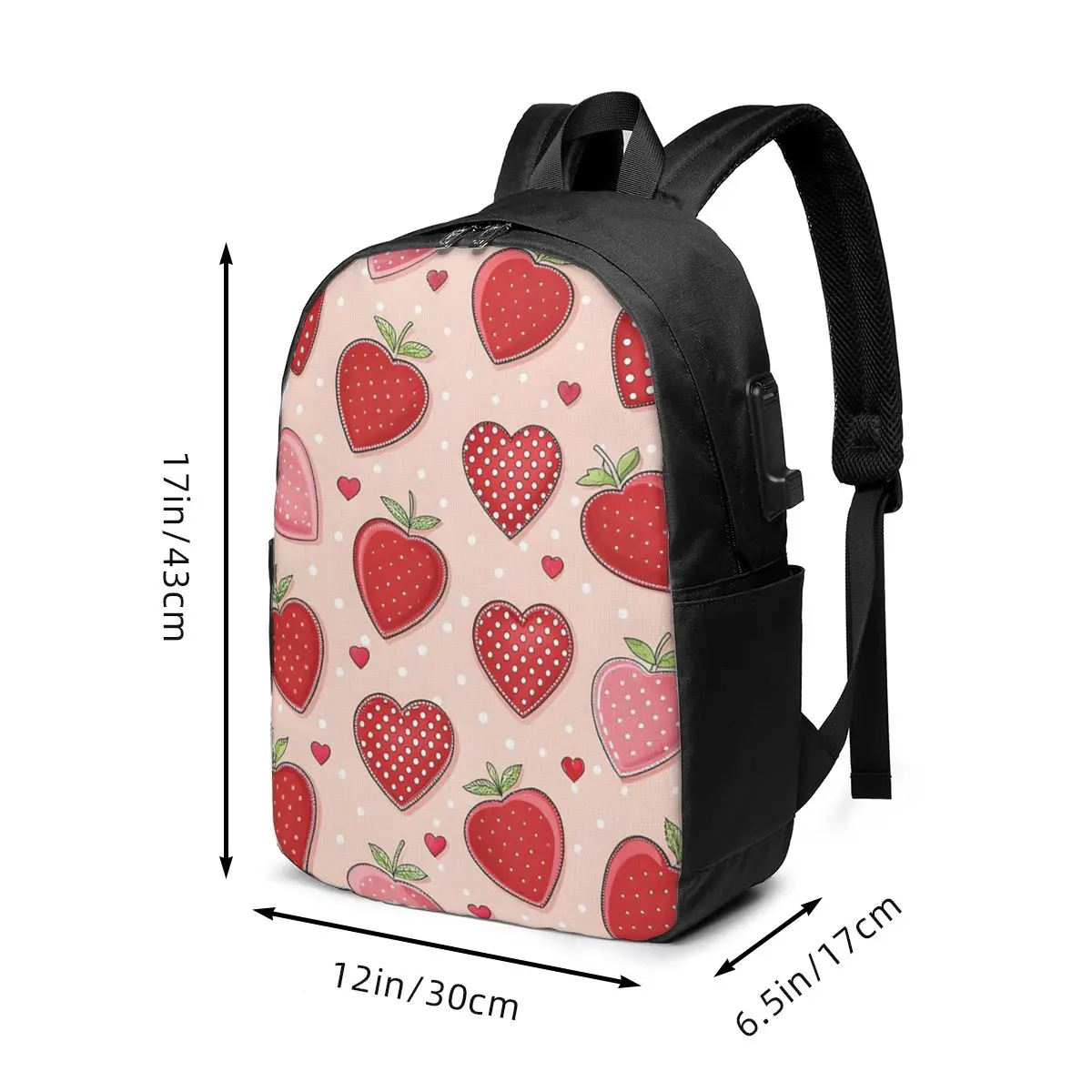 Strawberry And Heart Pattern Backpack Travel Notebook Bag Computer College Student School Bag Laptop Shoulder Bags for Men Women