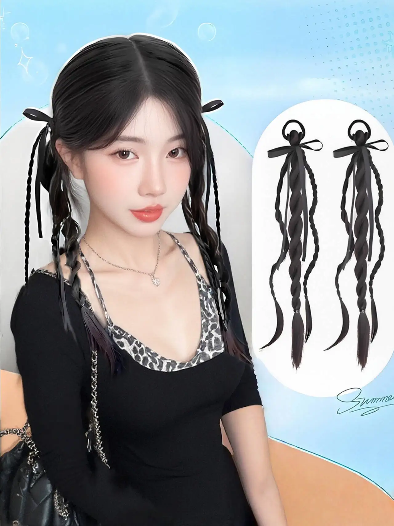 

Резинки для волос парика с бантом, аксессуар для волос из натуральной двухпрядной косы, с балетным стилем академии, подходит для повседневного использования