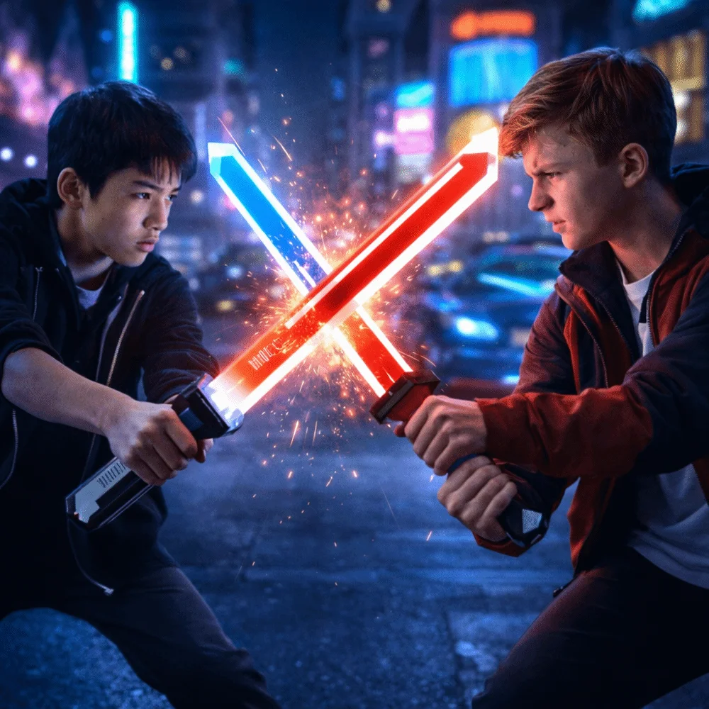 Mehrfarbiges, doppelseitiges, einziehbares Lichtschwert mit LED-Beleuchtung, dehnbar, leuchtend, rotierendes Schwert mit rotem und blauem Licht