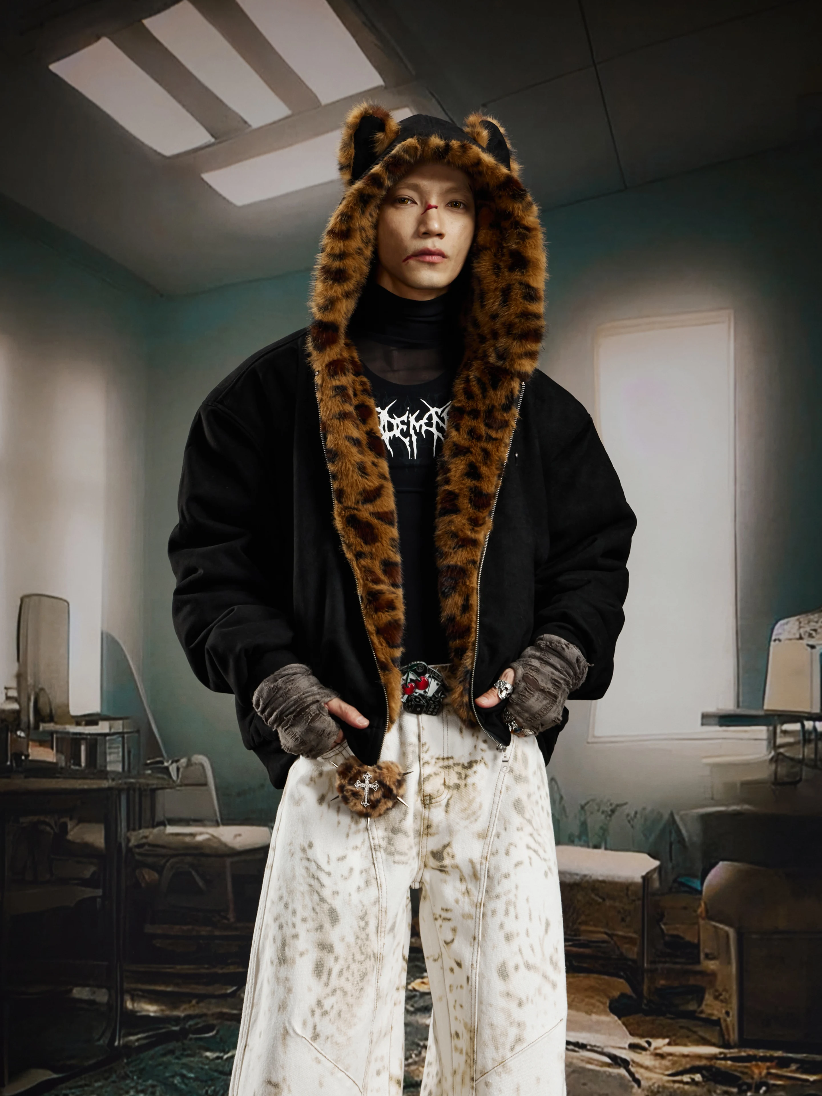 Personalized Leopard Splicing Furry Hooded Mountain Carving Puffer Jacket Cotton-Padded Loose Top