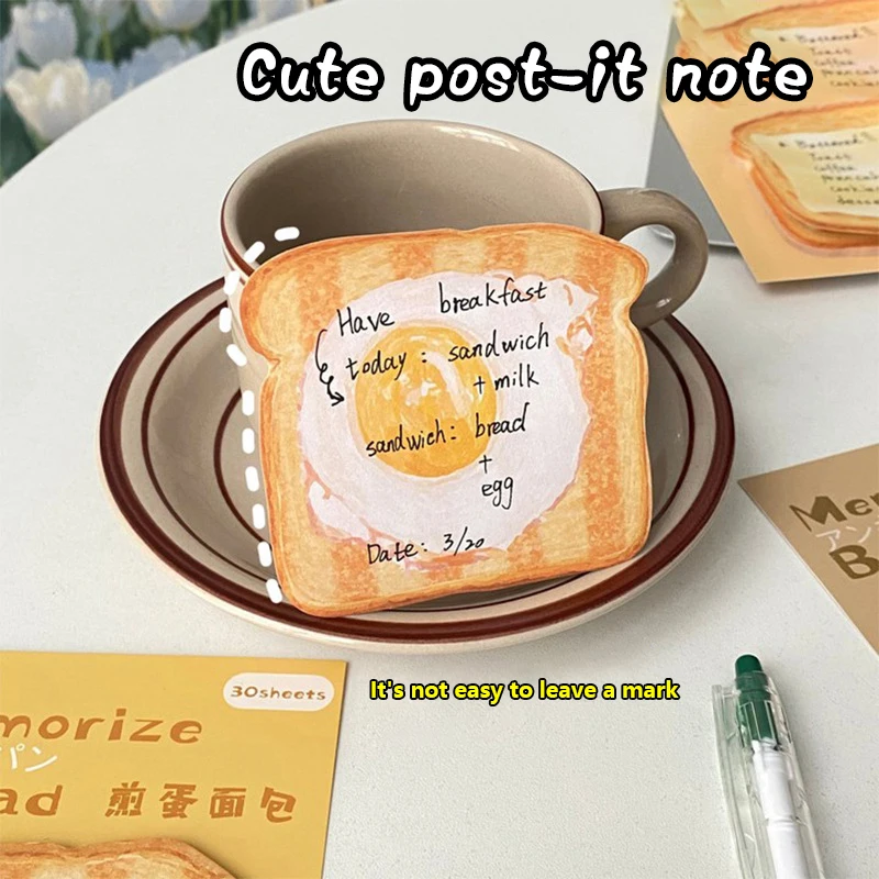 Autocollant créatif en forme de toast, bloc-notes auto-adhésif, dessin animé, papier JxMessage, fournitures scolaires et de bureau, 30 feuilles