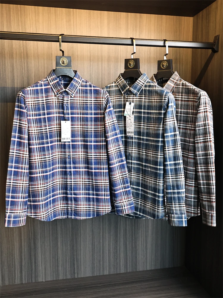 

Ele Cotton Plaid irt for Men Autumn Season Long Sve Tailored Fit Turn-down Collar Comfortable Breathable Faionable