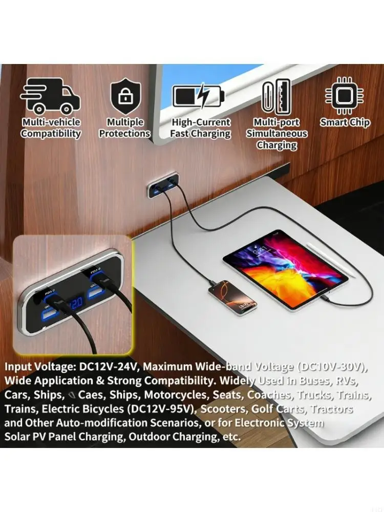 2026 New Double USB PD QC3.0 Chargers Socket 4 Ports Voltmeter Display Plastic for Vehicl
