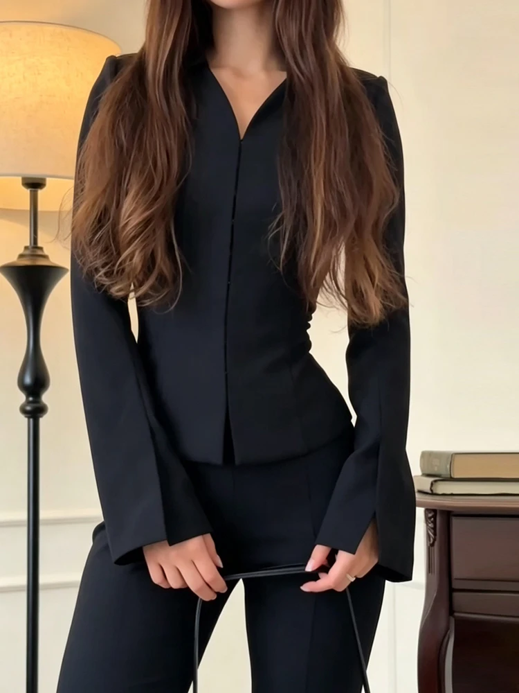 Elegant Women 2‑piece Business Suit Fitted Zip‑up Blazer Jacket High Waist Flare Trousers Hourglass Waist Formal Matching Set view 4