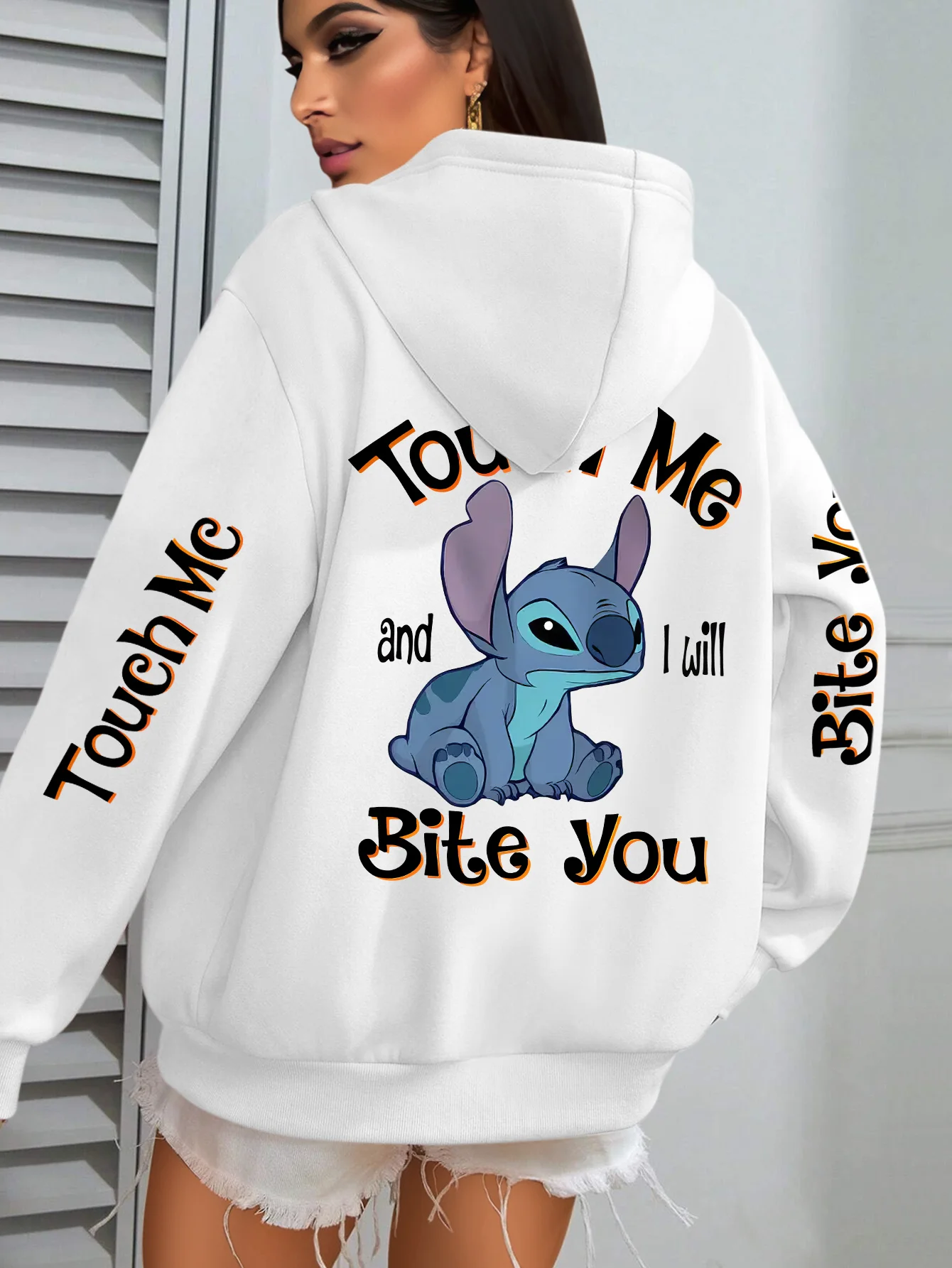 

Disney Stitch "Touch Me & I'll Bite You" Graphic Women's Hooded Sweatshirt - Soft Beige Pullover with Adjustable Drawstring Hood