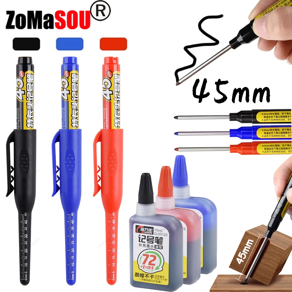 1-6 Stuks 45mm Waterdichte Lange Hoofdpunt Diepgat Markers Pen Tegel Timmerman Pen Multifunctioneel voor Houtbewerking Zwart/Blauw/Rode Inkt