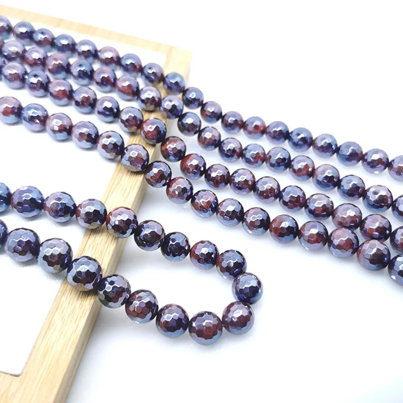 Natural Gemstone Red Tiger Eye 6mm-12mm Electroplated round Faceted Beaded Bracelet for Wealth Health Energy Yoga Jewelry Making