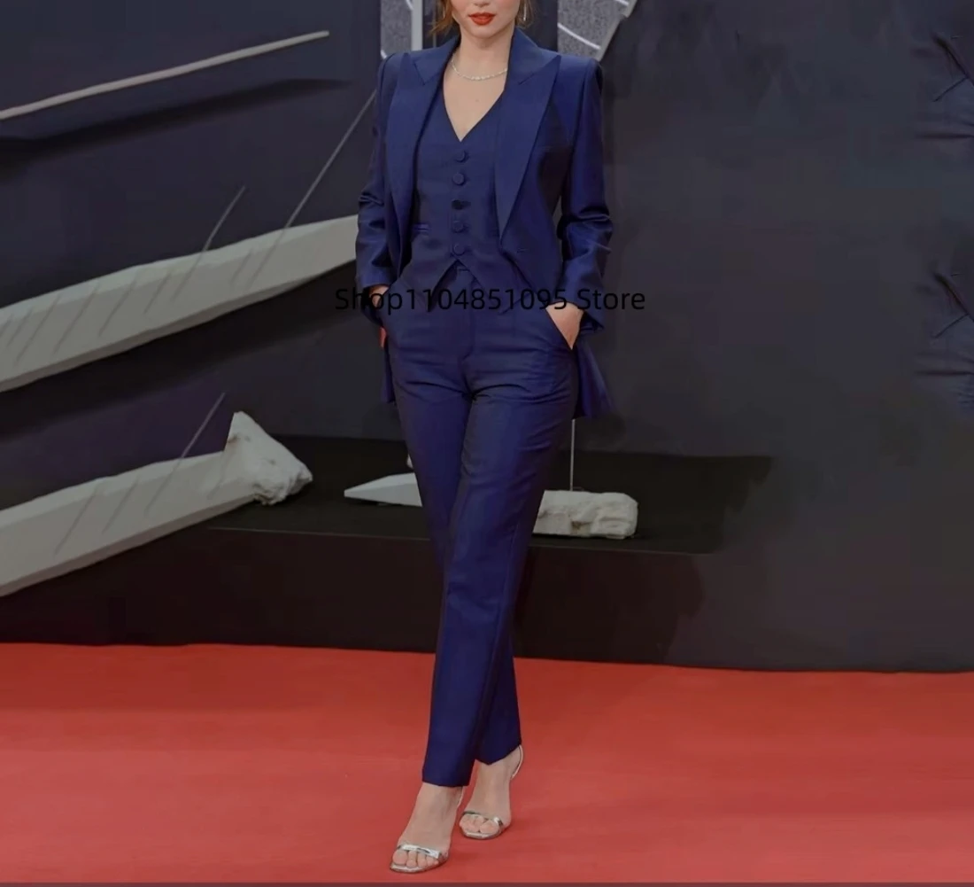 Navy Blue Single Breasted Women Set New Female 3 Pieces (Blazer+Trousers+Vest) Formal Evening Party Suits Daily Office Lady Set