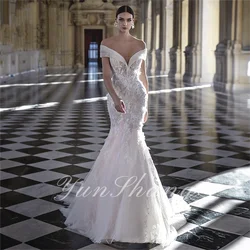 YunShang Off-the-shoulder Ruched Wedding Dress Beaded lace Applique Bridal Gown Mermaid Court Train Vestido De Noiva Customized